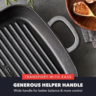 GreenPan x Bobby Flay сковорода-гриль з чавуну, квадратна, 27.9 см, попередньо обпалена, професійна якість, міцна, з ручками, сумісна з індукцією, для плити, духовки, гриля та вогню, для квадратних грилів 28 см, чорна