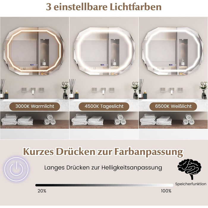 Дзеркало для ванної кімнати GOPLUS з підсвічуванням, 3 кольори світла, антизапар, годинник, температура, функція пам'яті, для ванної та вітальні (Модель 5)