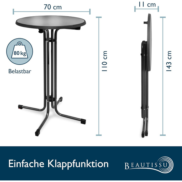 Розкладний барний стіл Beautissu Sylt круглий, стійкий до погодних умов та тепла стіл для бістро (Ø 70 см, антрацит)