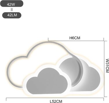 Світлодіодний стельовий світильник YLFXL хмари 52 см, з регулюванням яскравості за допомогою пульта дистанційного керування, 42 Вт для дитячої кімнати/спальні