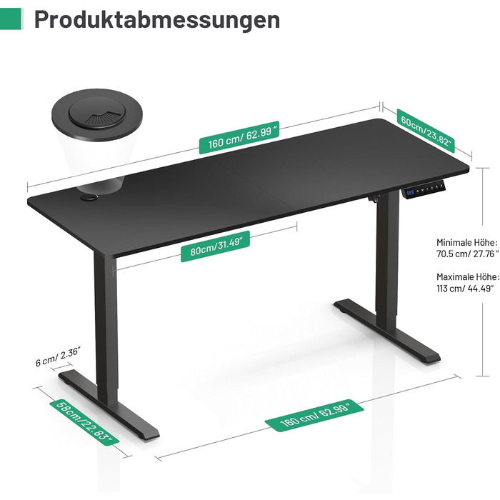 Письмовий стіл з регулюванням висоти, 120x60 см, електричний, з 3-функціональним пам'яттю, чорний