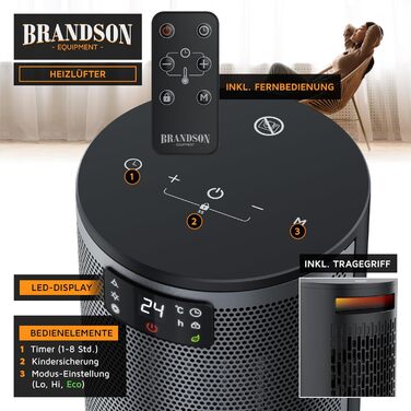 Обігрівач Brandson з дистанційним керуванням, 1500 Вт, 2 режими, ECO, захист від перекидання та перегріву