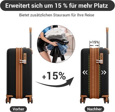 Чемодан ручної поклажі KONO з тримачем для напоїв, жорсткий корпус, легкий, поліпропілен, розширюваний, з 4 колесами та TSA замком (Чорний/Коричневий, M)
