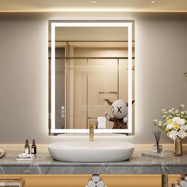 LED дзеркало для ванної кімнати 60x80 см з підсвічуванням, сенсорне керування, регулювання яскравості, 3 кольори світла, антизапар, IP44, вертикальна/горизонтальна орієнтація