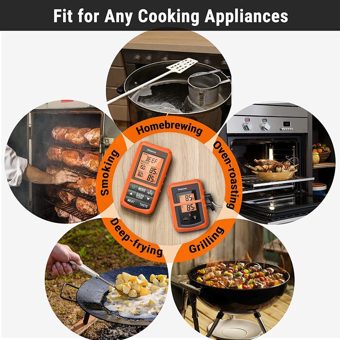 ThermoPro TP20 Цифровий термометр для м'яса з радіусом дії 150 м. Бездротовий термометр для гриля, духовки та барбекю з 2 датчиками температури. Orange