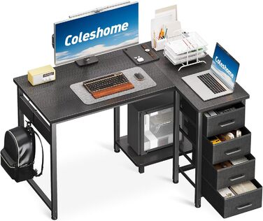 Комп'ютерний кутовий стіл Coleshome 100x70 см з 4 шухлядами, білий/чорний, для офісу, робочого кабінету, спальні