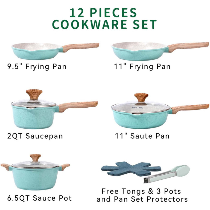 KOLEX Набір кухонного посуду з гранітною покриттям, 12 предметів, блакитний. Без PFOA.