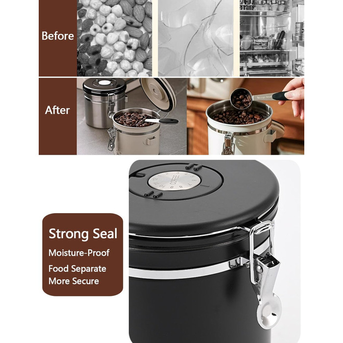 Герметична кавова банка з нержавіючої сталі, 1,8L, з датчиком дати, CO2-вентилем та мірною ложкою, для кави, чаю, горіхів, какао, чорна