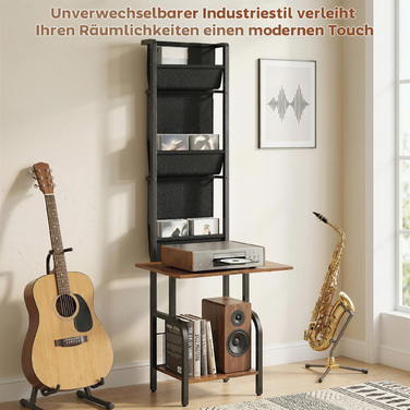 Індустріальна полиця для CD, зберігання CD та DVD з 3 текстильними кишенями та стільницею, у стилі рустикального дерева коричневого кольору