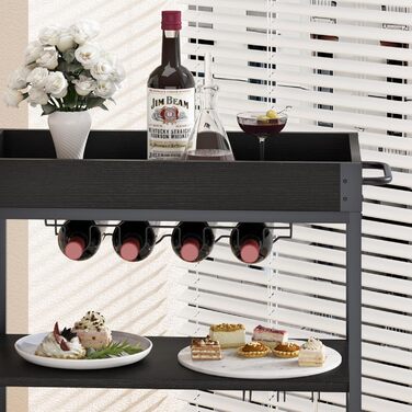 Сервізний візок Huhote з полицею для вина, барний візок, візок для напоїв, візок на колесах, візок для вина в їдальню, кухню, вітальню, бар, на вечірку, з імітацією текстури дерева (чорний, безіржавний кошик)