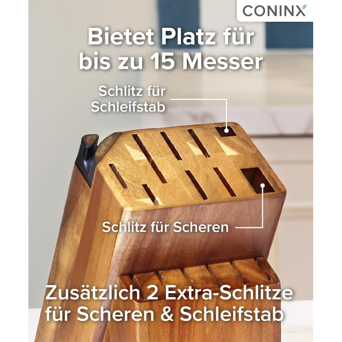 Блок для ножів Coninx Universal з інтегрірувачем – Тримач для ножів з акації на 15 слотів – Стійкий підставка для кухонних ножів, хлібного ножа, ножа для стейка та ножиць, коричневий з інтегрірувачем