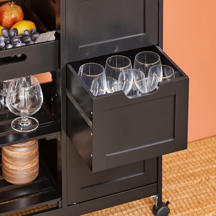 Сервізний візок SoBuy з колесами - кухонний візок з 2 знімними полицями та 1 підносом - додатковий візок на колесах для кухні, вітальні, їдальні - чорний, 68x85x38 см, до 50 кг, МДФ, FKW79-SCH