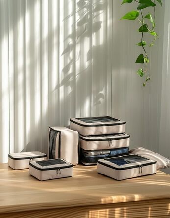 Набір органайзерів для подорожей ECOHUB для валізи, 7 шт, сумки для одягу та взуття з переробленого PET, екологічні пакувальні куби, бежевий