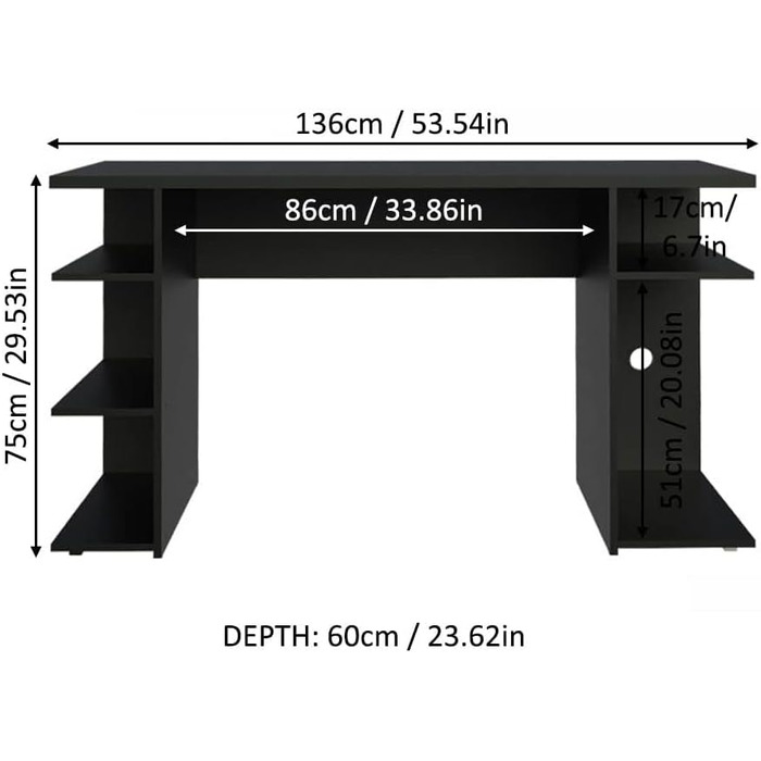 Ігровий комп'ютерний стіл Madesa з 5 полицями, 136x60x75 см, дерево, чорний