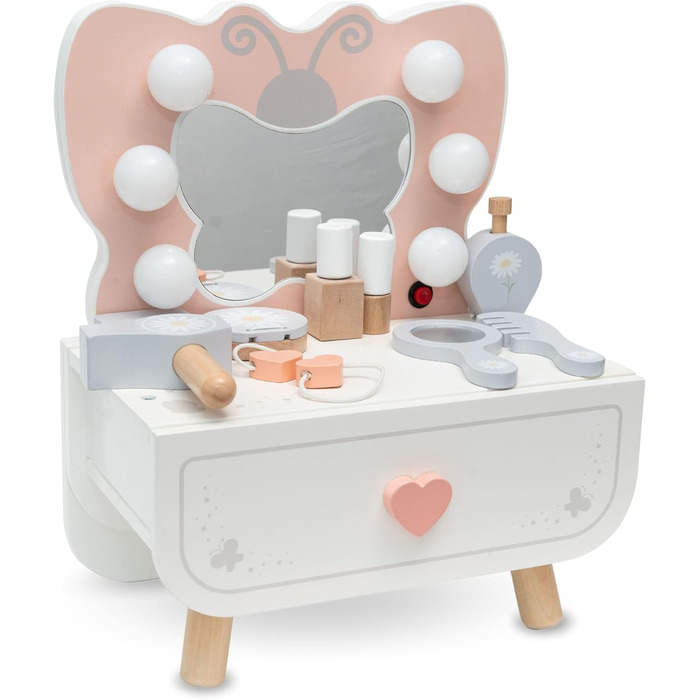 Детський туалетний столик Mamabrum XXL з дерева з пуфом та LED-дзеркалом – для дівчаток від 3 років, з ящиком та аксесуарами для макіяжу, ігровий набір та письмовий стіл (MAM242 DRESSING TAB)
