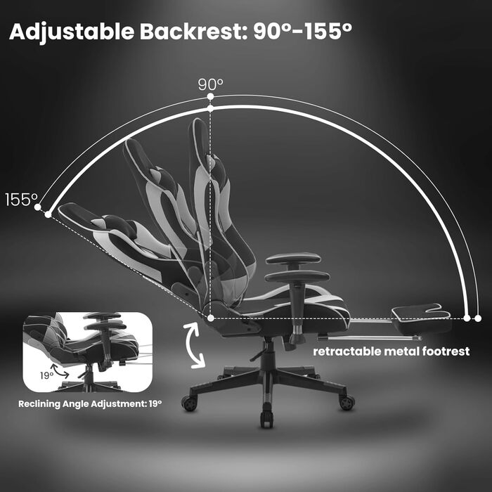 Крісло ігрове WOLTU з тканини, дихаюче, для літа, ергономічне, з підтримкою попереку, для геймерів, racing, PC, з функцією гойдання та підніжкою, для стрімінгу, чорно-сіре, тканинне