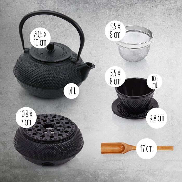 Японський чайний набір Lumaland Tetsubin: чайник 1,4л, 4 чашки, підставки, ложка, сито