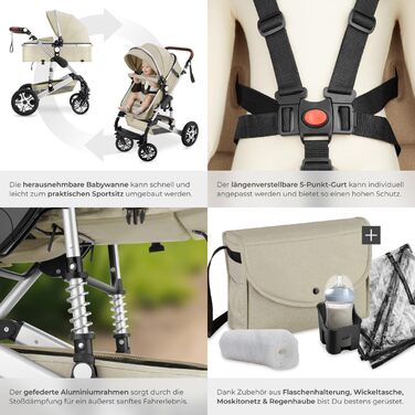 Дитяча коляска Tectake 2 в 1: розкладний візок-ліжко з підніжкою, тримачем для напоїв, люлькою та дощовиком (сірий/бежевий)