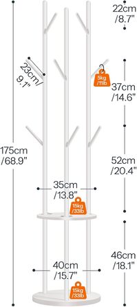 HOOBRO Стійка для одягу, підлого стояння, у вигляді дерева з 8 гачками та 2 круглими полицями, для одягу, капелюхів, сумок, вітальні, спальні, офісу, темно-коричневий/чорний