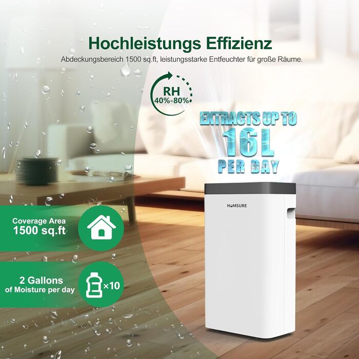 Електричний осушувач повітря 16L для підвалу та кімнат до 25 м², 35dB, шланг 1.2м, таймер, 16 л/добу, 20 м²