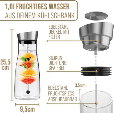 Скляна джезва 1.0л Laura - Преміум глечик для води з кришкою з нержавіючої сталі та вставкою для фруктів з термостійкого боросилікатного скла