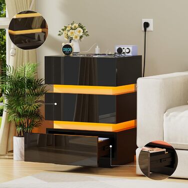 Нічний столик з розеткою та LED-підсвіткою, нічний комод з функцією зарядки та USB, 2 висувні ящики (45x35x46/62 см, Чорний)