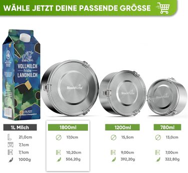 Преміум ланчбокс з нержавіючої сталі для дітей, 780 мл, з ложкою та 2 ущільнювачами, витримує температуру, для школи, миється в посудомийній машині (1800 мл, сріблястий)