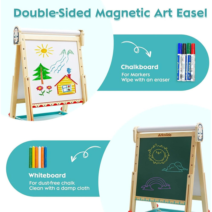 Дерев'яна іграшко-дошка Kinder Pinguin з рулоном паперу, двостороннє Whiteboard та дошка, стійка з аксесуарами для дітей та малюків