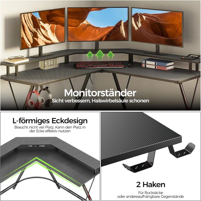 Ігровий стіл SEVEN WARRIOR з LED-підсвічуванням, розетками, моніторний стійка, 2 гачки, L-подібний, 147 см