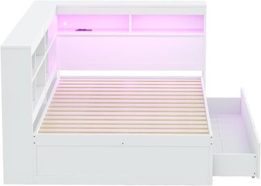 Диван-ліжко Kehun Doppelbet 140x200 см з LED та USB, ящик для зберігання та полиця, білий, без матраца