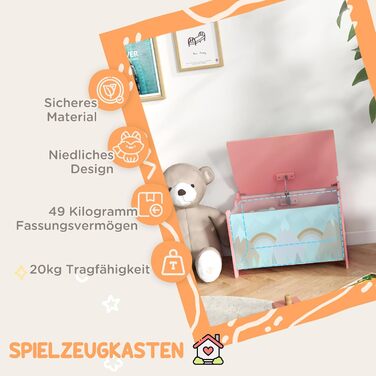 Дитяча іграшкова скринька ZONEKIZ з накривною кришкою та безпечним шарніром, 60x37x39 см, зелено-рожевий колір