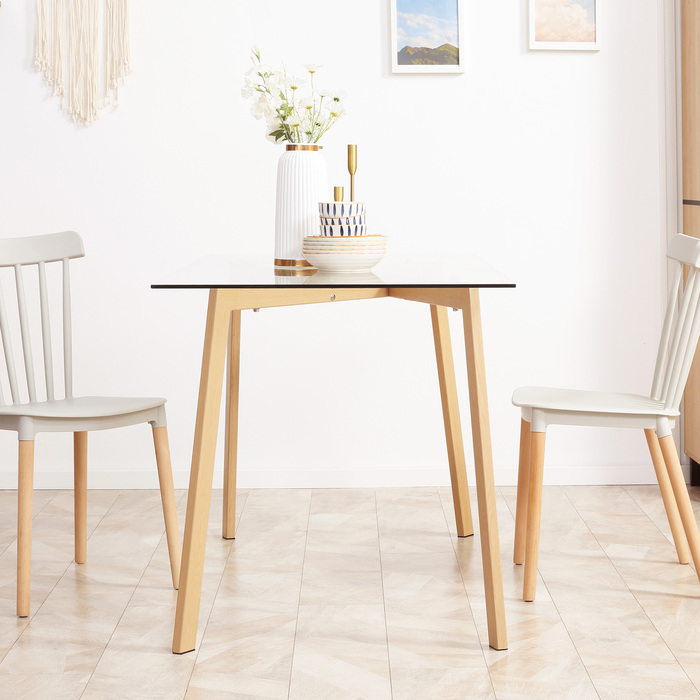 Обідній стіл на 4 особи, зі скляною стільницею, сталевим каркасом та імітацією дерев'яної текстури, розміром 120 см (довжина) x 60 см (ширина) x 76 см (висота)