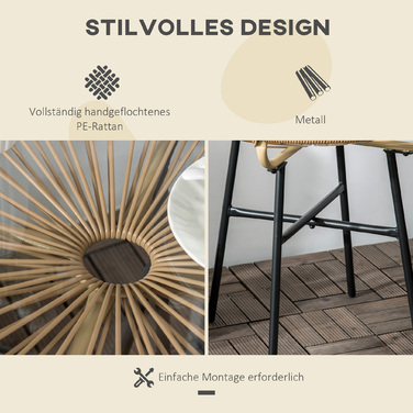 Бохо-стіл для саду, ротанг PE, скло, стійке до погодних умов, 50 см x 50 см x 50 см, бежевий