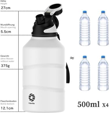 Пляшка для води з нержавіючої сталі Fjbottle 2.2 л одностінна з магнітною кришкою Велика металева пляшка для води Пітчер великої місткості Спортивна пляшка для води Герметичність Без бісфенолу А Безкоштовно для спорту, кемпінгу, тренажерного залу (білий)