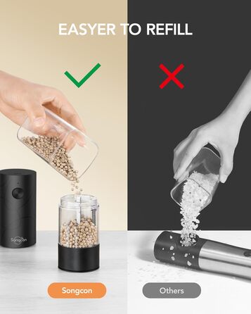 Електричні млини для солі та перцю Sangcon, 2 швидкості, перезаряджувані, 6 ступенів помелу, автоматичний набір з док-станцією, зручне використання (чорний)