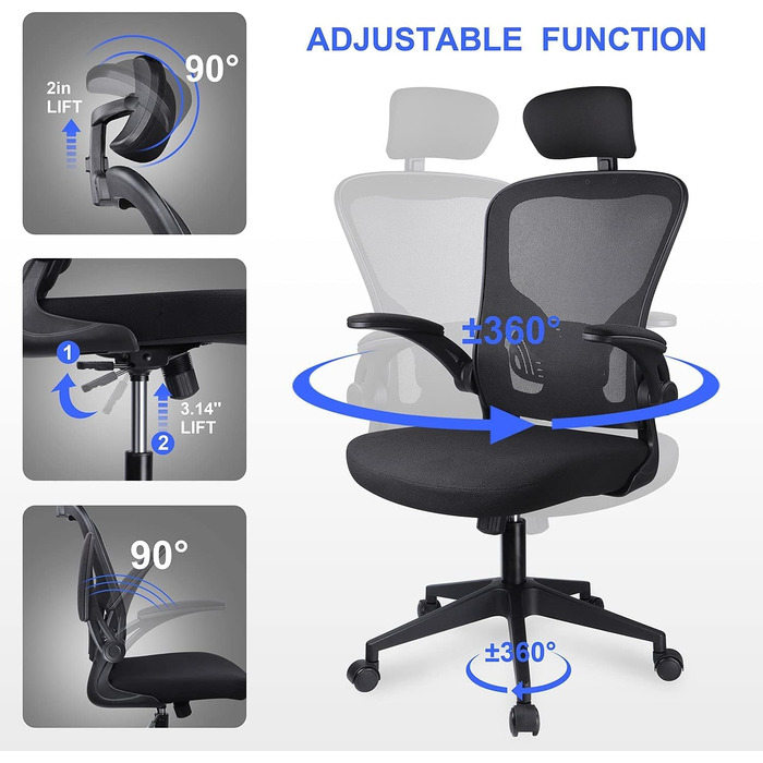 Ергономічне крісло для офісу та дому: комп'ютерне крісло з регульованою підголівником та підтримкою попереку. Максимальне навантаження до 150 кг (білий).