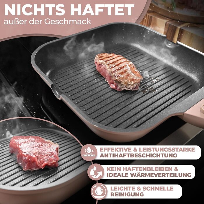 Сковорода-гриль NEU 28 см з виливом та знімним ручками, антипригарне покриття, без PFOA, для індукційних плит, можна використовувати в духовці | сковорода з покриттям для грилю | сковорода для стейків (Рожева)