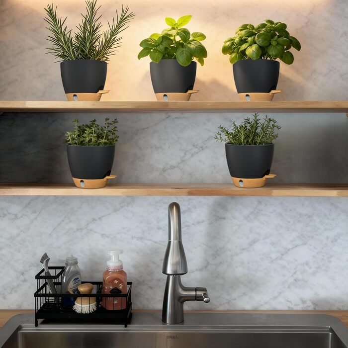 Набір горщиків для квітів ZMTECH 25 см з підставкою, пластикові пересаджувальні горщики з автополивом, кашпо з індикатором рівня води для дому/саду (2 шт., чорний)