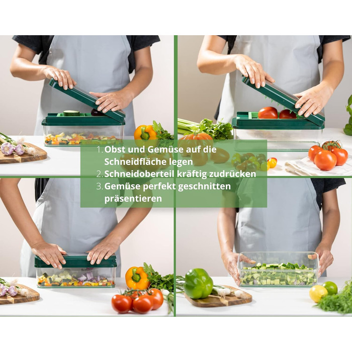 Набір для нарізки овочів Genius Nicer Dicer Exclusive 15 елементів, набір для нарізки кубиками + набір для нарізки помідорів, 4 насадки + груба тертка та шинковка, контейнер 2500 мл, зелений