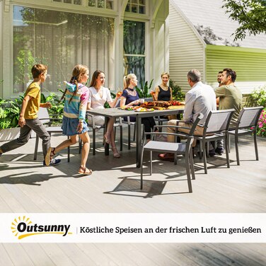 Розсувний обідній стіл Outsunny Garden Table на 6-8 персон, 160/240 x 90 см Алюмінієвий балконний стіл з дерев'яним виглядом Стійкий до погодних умов стіл для патіо Відкритий фуршетний стіл для саду, патіо Балкон сірий