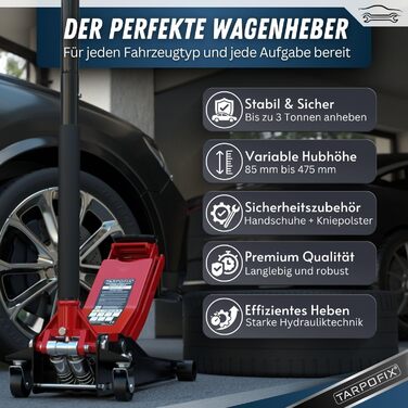 Гідравлічний домкрат Tarpofix® для легкових авто та SUV (3т, 85-475мм), низькопрофільний, подвійний циліндр, червоний
