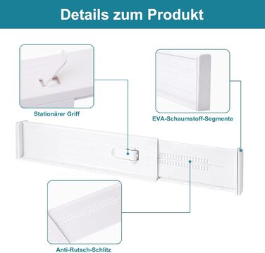 Організатори для ящиків MOFELON (8 шт.), регульовані роздільники для ящиків (33-58.5 см, 6.4 см H), система організації для шаф, комодів, кухні, спальні, ванної кімнати - білий