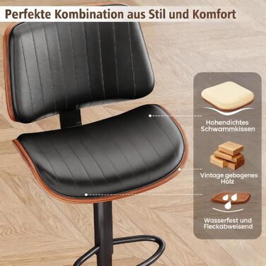 Набір з 2 барних стільців GIKPAL з дерев'яною спинкою та шкіряним сидінням, обертаються, чорний