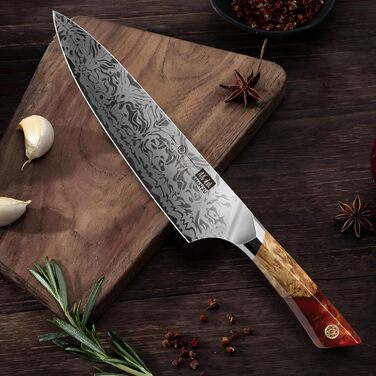 SHAN ZU Кухонний ніж Шеф-кухар, Японський ніж Дамаск з порошкової сталі SG2, Ручна ковка, 91 шар Дамаск, 20 см, професійний ніж з ахонним руків'ям, серія WHITE TIGER