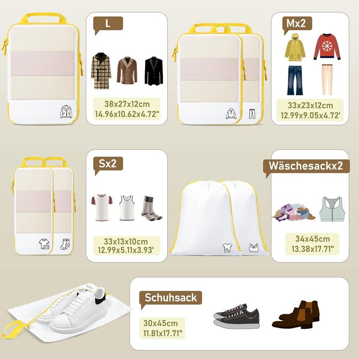 Набір компресійних органайзерів для подорожей та валіз 8 предметів, сумки-пакувальники для одягу в рюкзак, лимонно-жовті