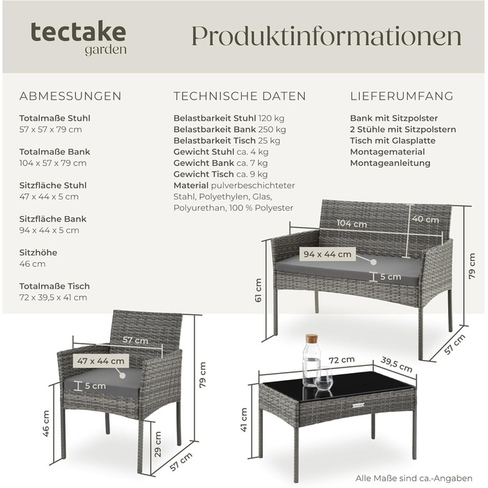 Набір садово-розкладних меблів tectake® з ротангу: банкетка, 2 крісла, столик, подушки, для балкона/тераси (сірий)