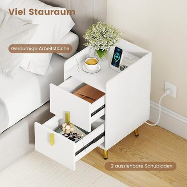 Нічний столик COSTWAY з зарядкою, вузький приліжний столик з 2 шухлядами, металеві ніжки, для спальні, вітальні, 32x40x60 см (Білий)