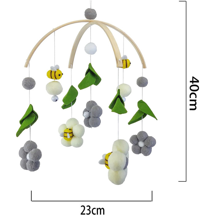 Мобільний дзвіночок EXQULEG для малюків, мобільний дзвіночок з бджолиними квітами і кульками з фетру, дзвіночок для дитячої кімнати, подарунок для новонароджених дівчаток або хлопчиків (сірий )