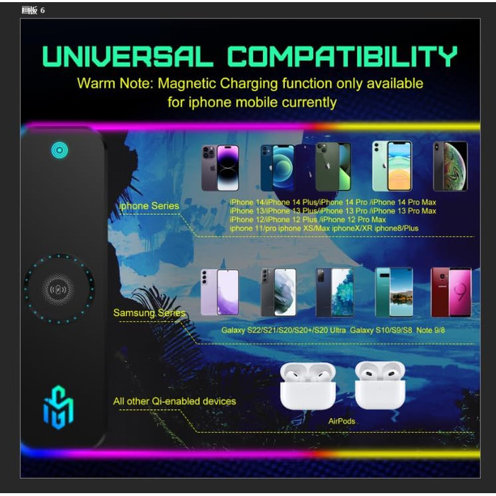 RGB ігровий килимок для миші з бездротовою зарядкою Qi 15W, LED-підсвічуванням, 10 режимів, водонепроникний, протиковзкий для геймінгу, офісу та дому (зоряне небо)