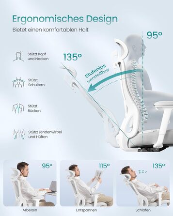 Офісний стіл SONGMICS, ергономічне крісло, комп'ютерне крісло, регульована поперекова та підголовна підтримка, до 150 кг, регульована висота, Taubengrau (сірий голуб) OBN066GD01